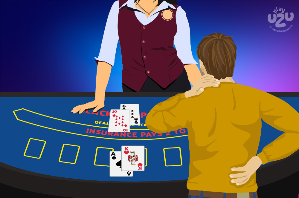 Mesa de blackjack americano. Tanto el crupier como el jugador tienen dos cartas.