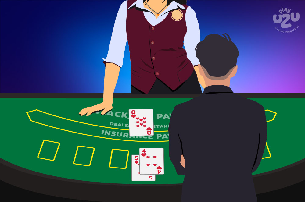 Mesa de blackjack europeo. El jugador tiene dos cartas, mientras que el crupier solo tiene una.