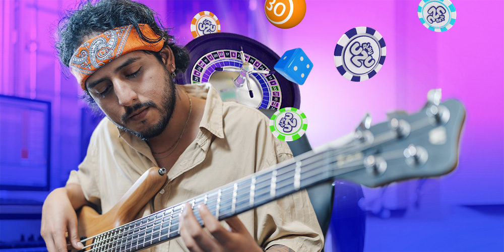 HOMBRE TOCANDO EL BAJO MIENTRAS QUE, DE LA MISMA MANERA, AL ESTAR TOCANDO, ÉL ESTÁ PENSANDO EN EL SLOT, COMO SI SE VIERA UN PENSAMIENTO INTERNO EL CUAL TENGA ELEMENTOS DE PLAYUZU, COMO SI ESTUVIERA PENSANDO EN PLAYUZU Y SU DIVERSIÓN