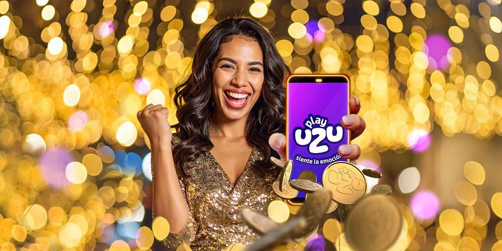 MUJER DE FRENTE MOSTRANDO SU SMARTPHONE, EL HUB DE PLAYUZU, MIENTRAS QUE DE SU TELÉFONO O SU ALREDEDOR ESTÉN SALIENDO MUCHAS MONEDAS UZU, ASÍ COMO AL FACTURÓN ANIMADO DEL SLOT QUE ESTÉ TIPO SALIENDO DEL SMARTPHONE INVITANDO AL USUARIO A UNIRSE A LA DIVERSIÓN.