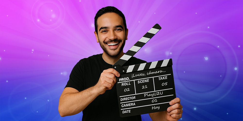 HOMBRE, EL CUAL ESTÉ DE FRENTE VIENDO A LA CÁMARA, SOSTENIENDO UNA CLAQUETA DE CINE A PUNTO DE DAR LA ACCIÓN.