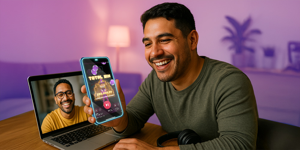 HOMBRE CONECTANDO EN SU COMPUTADORA CON UN AMIGO ONLINE, PLATICANDO Y HABLANDO MIENTRAS LA PASAN BIEN Y LA PERSONA EN SU MANO TIENE SU TELEFONO METIÉNDOSE A PLAYUZU.