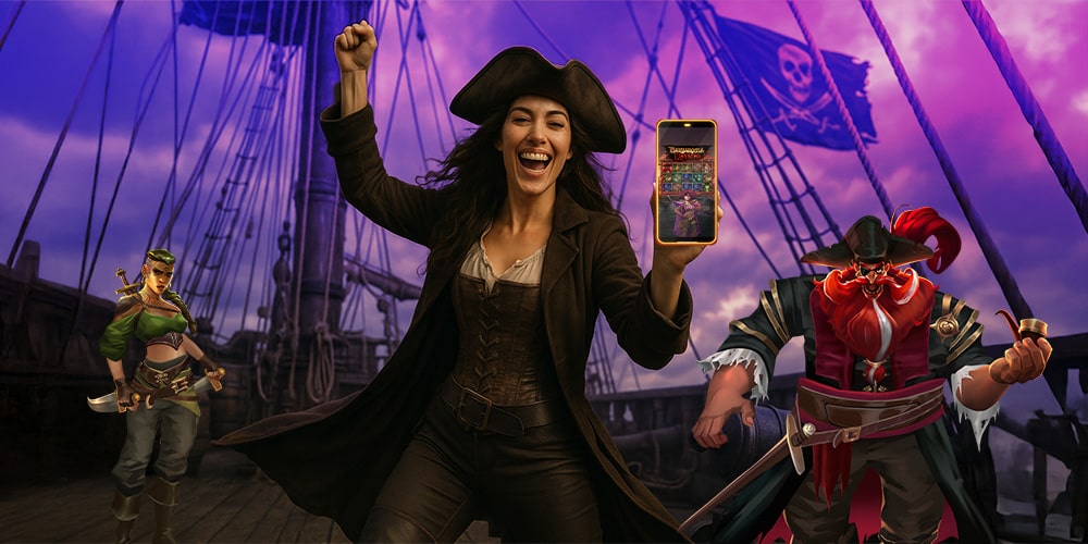MUJER EN UN BARCO DE GUERRA COMO EL DE BARBOSSA, EN MODO AVENTURERA Y CON SU TELÉFONO. EN MANO MIENTRAS CELEBRA COMO PIRATA QUE HA GANADO EN PLAYUZU.