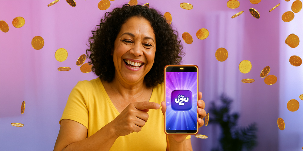 MUJER DE 50 AÑOS FELIZ VIENDO DE FRENTE MUCHAS MONEDAS UZU Y CON SU TELÉFONO EN MANO, APUNTO DE DARLE CLICK A LA EXPERIENCIA PLAYUZU