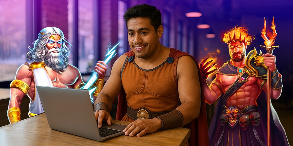 HOMBRE DE 30 AÑOS VESTIDO DE HÉRCULES SENTADO EN UNA CAFETERÍA CON SU COMPUTADORA DE FRENTE JUGANDO EN PLAYUZU.