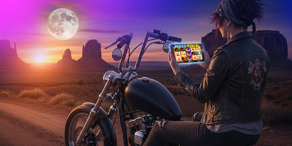 Mujer de 20 años en una moto tipo chopper, en medio del desierto, mirando su celular mientras una luna llena brilla detrás. En el celular se ve que está girando en Wolf Gold. Tiene una vibra aventurera, rebelde y salvaje, como de una película del oeste moderno.