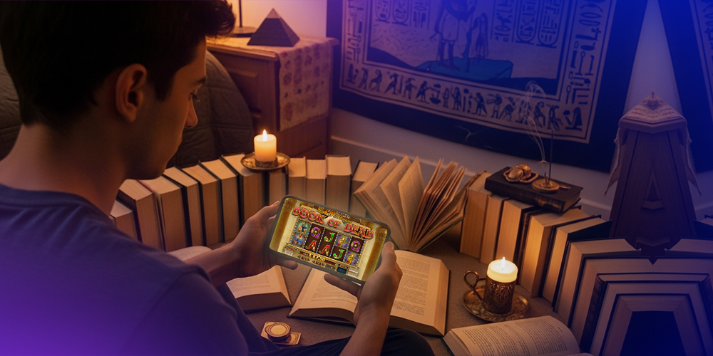 Hombre de 20 años en su habitación con luces tenues, rodeado de libros abiertos, una vela encendida y con un celular en mano que muestra el slot Book of Dead. La habitación tiene decoración inspirada en Egipto