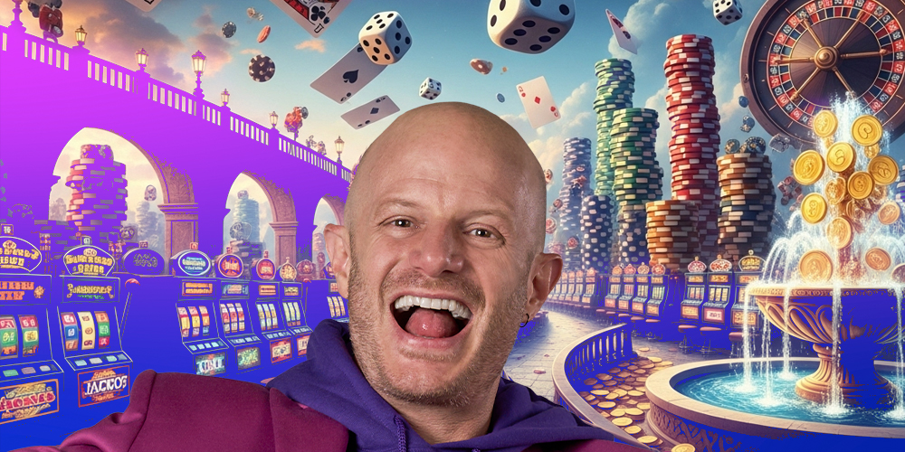 FACUNDO VIENDO DE FRENTE CON CARA DE ASOMBRO Y EMOCIÓN POR TODO LO QUE ESTÁ POR CONOCER Y EN SU BACKGROUND SE ENCUENTRE RODEADO DE UN MUNDO CON DIFERENTES ELEMENTOS DE CASINO