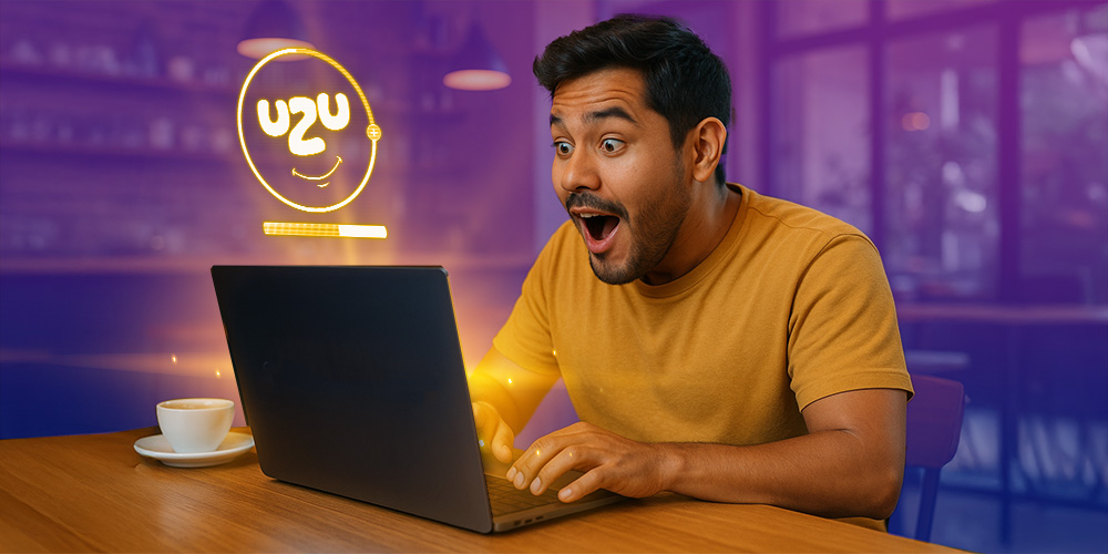 Hombre de 30 años en una cafeteria sentado en una mesa con su computadora de frente, emocionado por estar jugando y ganando en PlayUZU.