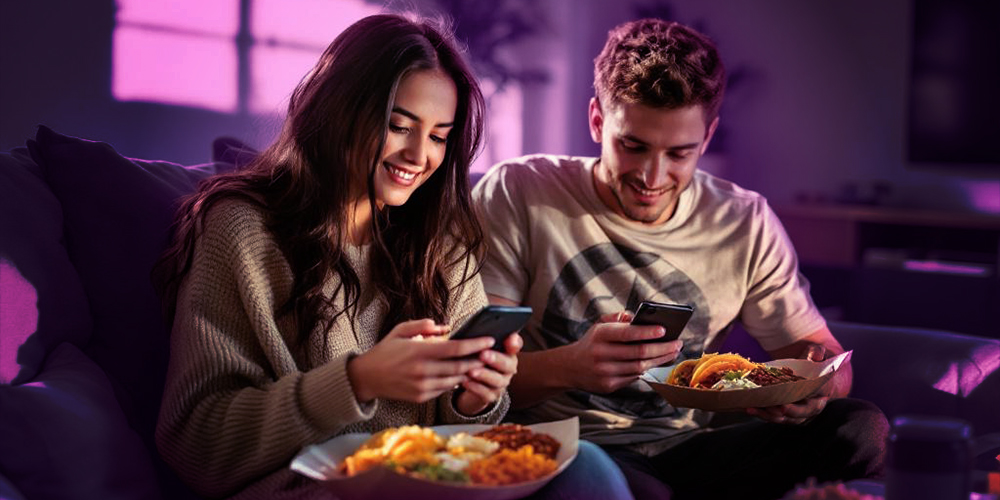 MUJER CON SU PAREJA, LOS CUALES, MIENTRAS ESTÁN SENTADOS EN SU SALA COMIENDO TACOS Y COMIDA RICA TÍPICA MEXICANA, ESTÁN CON SUS TELÉFONOS DENTRO DE PLAYUZU JUGANDO