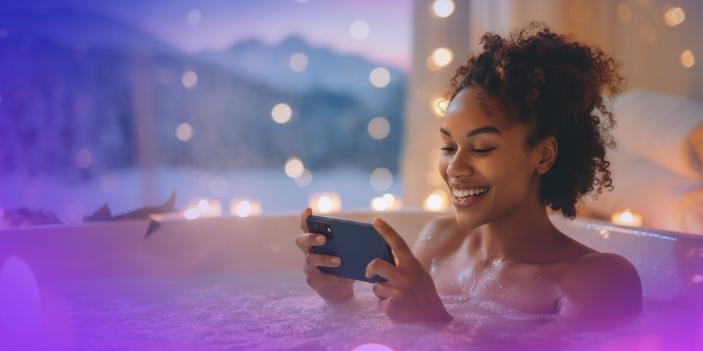 MUJER DE ALREDEDOR DE 35 AÑOS, LA CUAL SE ENCUENTRE COMO SI ESTUVIERA EN UN BACKGROUND FRIO O DE INVIERNO COMO SI ESTUVIERA EN ALASKA, MIENTRAS TIENE SU TELEFONO Y ESTUVIERA JUGANDO EN PLAYUZU BUSCANDO UN SAUNA O UN LUGAR CALIENTE COMO UNA CHOZA CALIENTE*