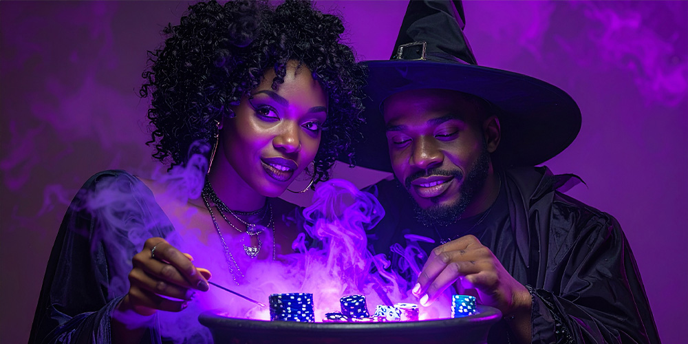 PAREJA DE ALREDEDOR DE 30 AÑOS, LOS CUALES UNO SE ENCUENTRE DISFRAZADO DE BRUJA Y OTRO DE HECHIZERO, LOS CUALES AMBOS ESTÁN MEZCLANDO UN CALDERO; QUE DENTRO DE ESE CALDERO HAY ELEMENTOS UZU COMO GOLDERN CHIPS, ETC