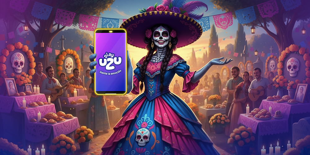 CATRINA MEXICANA VIENDO DE FRENTE EN UN BACKGROUND EN UN CEMENTERIO, PERO CON MUCHA FAMILIA VISITANDO A SUS FAMILIAS, Y ELLA TIENE SU TELÉFONO EN MANO INVITANDO AL UZUARIO